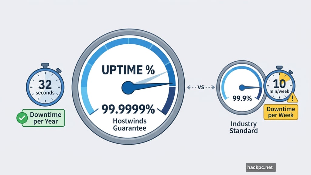 Hostwinds 99.9999 percent uptime versus industry standard 99.9 percent guarantee