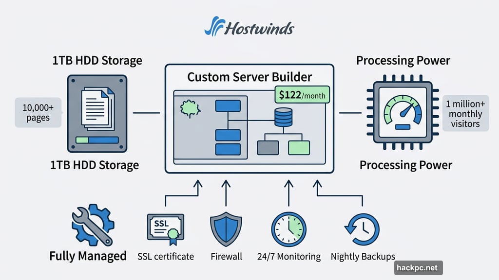 Hostwinds custom dedicated server plan with 1TB HDD storage and managed features
