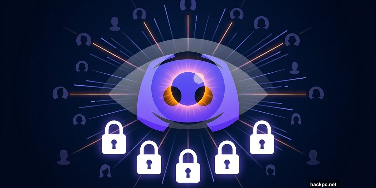 Discord logo overlaid with surveillance eye, five privacy lock icons below