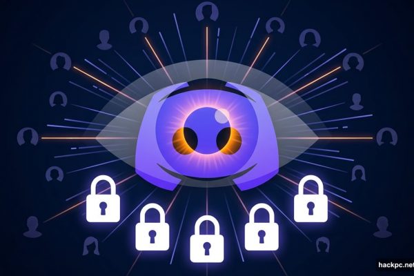 Discord logo overlaid with surveillance eye, five privacy lock icons below