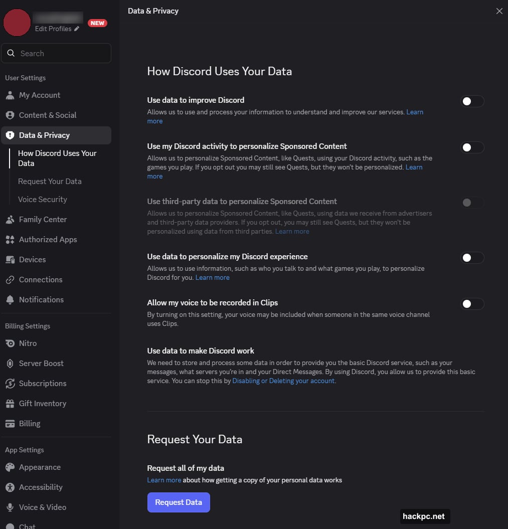 Discord Data and Privacy settings showing four toggles switched off