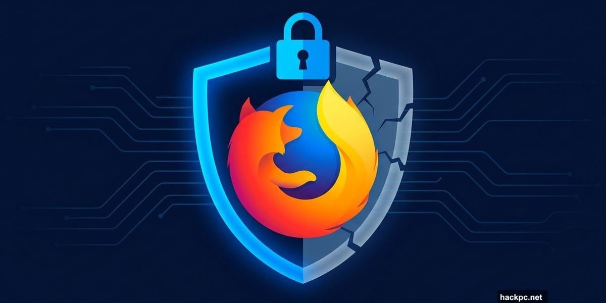 Firefox logo with a split VPN shield showing protection and limitations