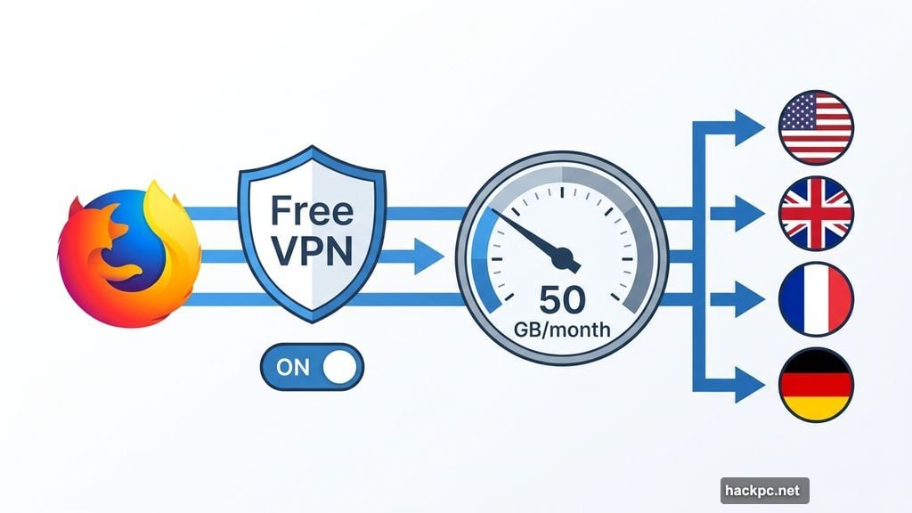 Firefox 149 free built-in VPN available in US UK France Germany