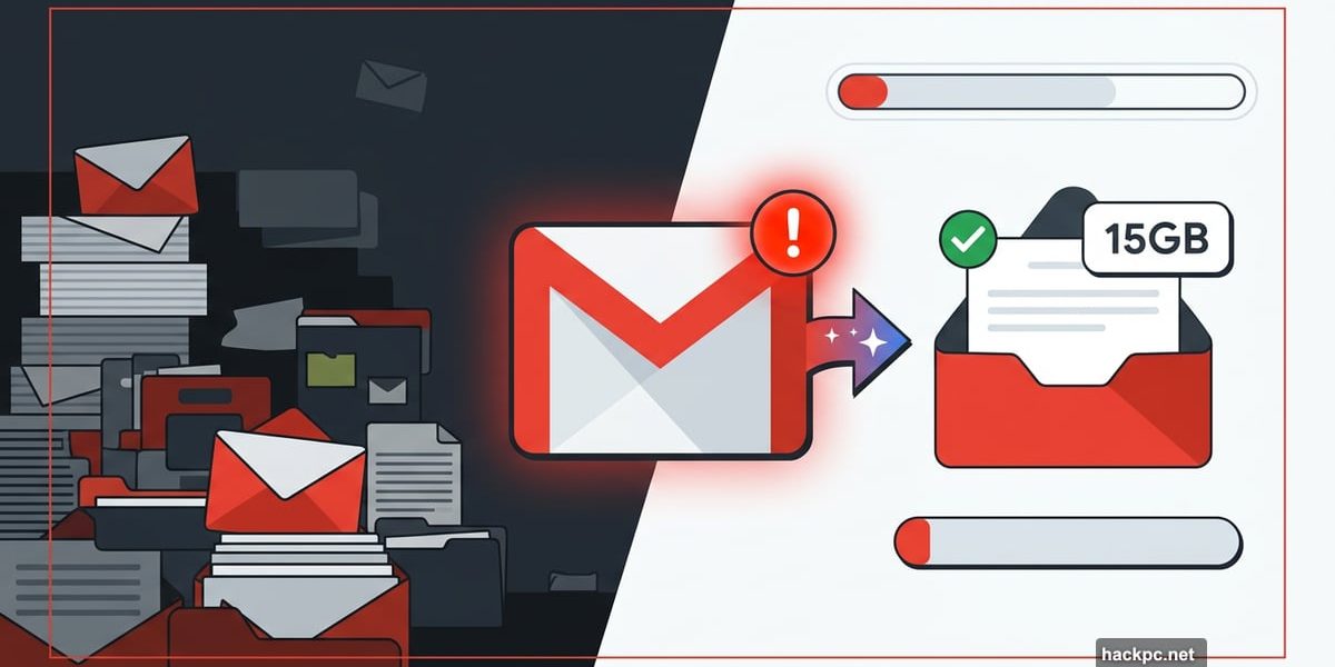 Gmail storage full warning transforming into free 15GB clean inbox
