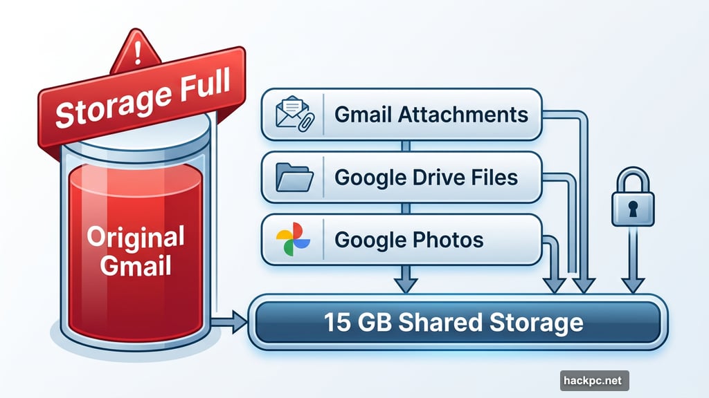 Gmail storage full warning with Google Drive and Photos sharing 15 GB