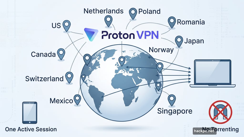 Proton VPN free tier limits users to 10 server locations worldwide