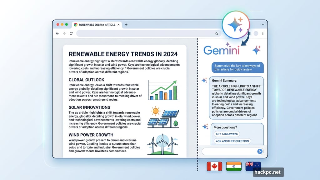 Gemini sidebar with sparkle icon opens alongside Chrome browser tab