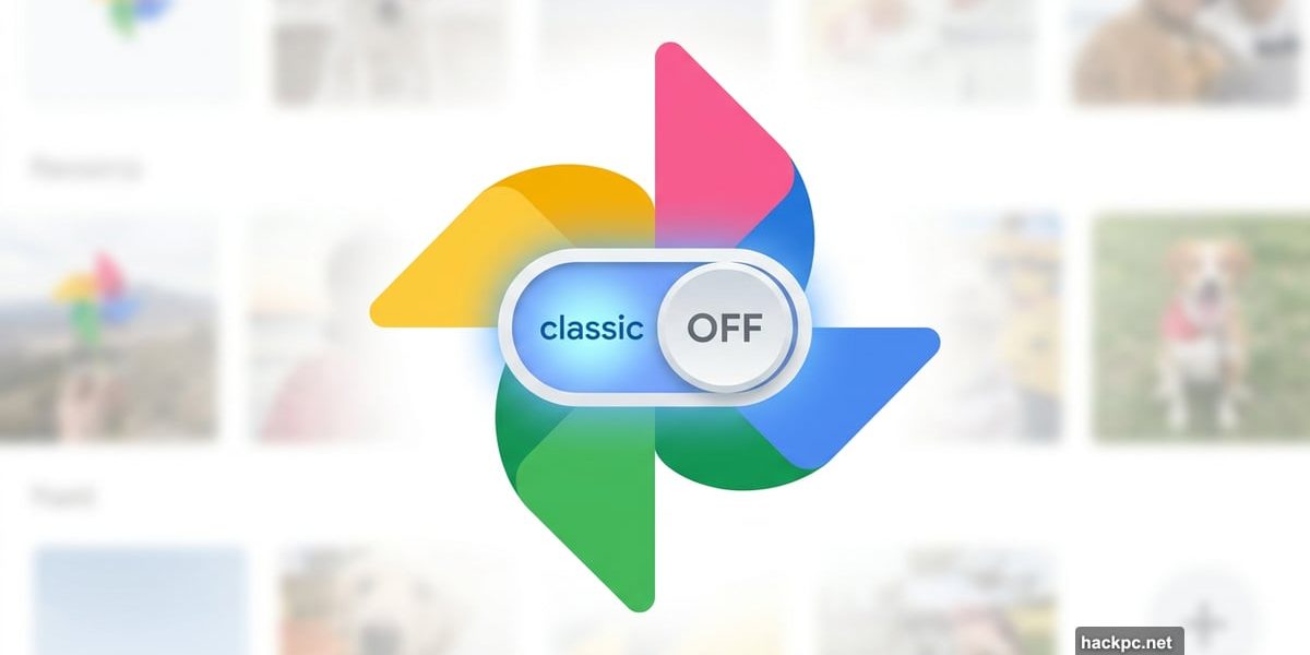 Google Photos logo with a bold toggle switch turning off AI search