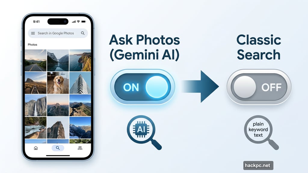 Google Photos toggle button switches Ask Photos AI off to classic search