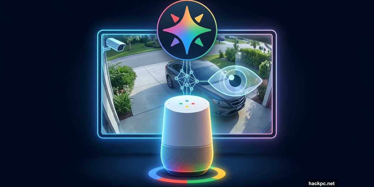 Google Home speaker with Gemini AI scanning a live security camera feed