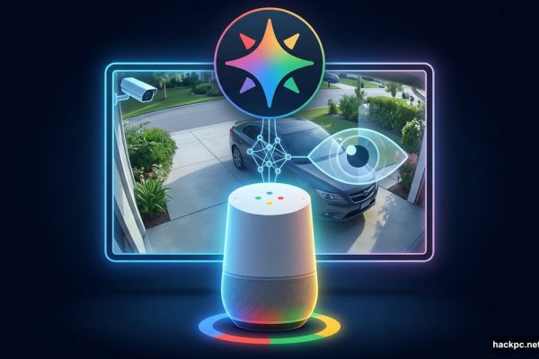 Google Home speaker with Gemini AI scanning a live security camera feed