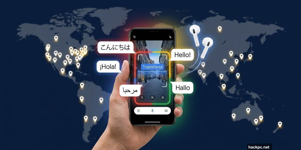 Smartphone camera translating foreign text live with global language bubbles