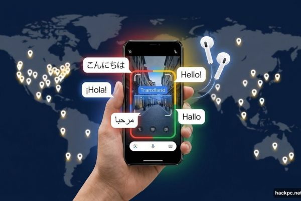 Smartphone camera translating foreign text live with global language bubbles