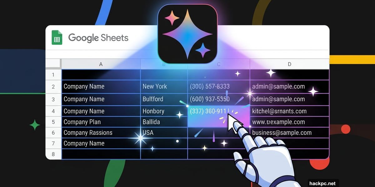 Gemini AI logo magically auto-filling Google Sheets spreadsheet cells automatically