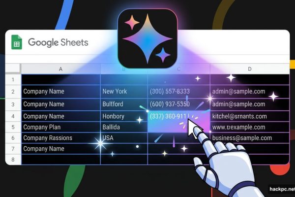 Gemini AI logo magically auto-filling Google Sheets spreadsheet cells automatically