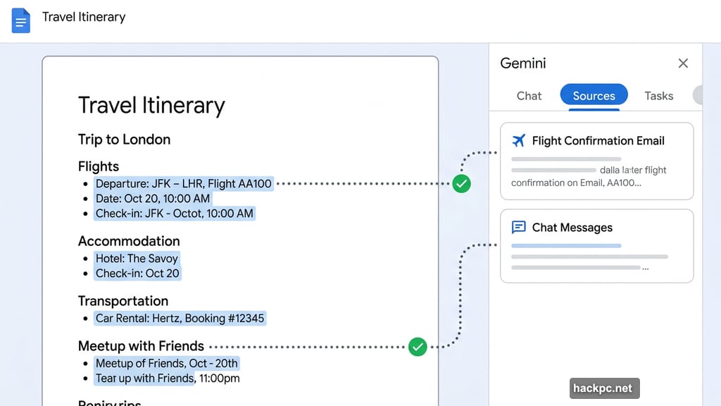 Gemini side panel sources tab tracks information from emails and chats
