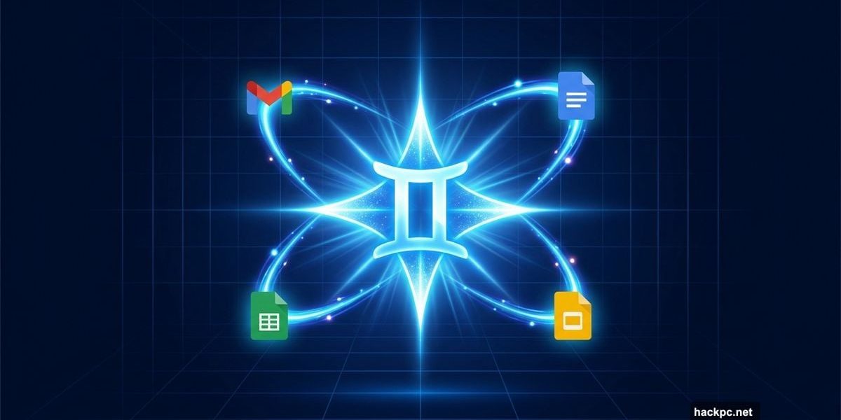 Gemini AI star powering Google Workspace app icons with glowing connections
