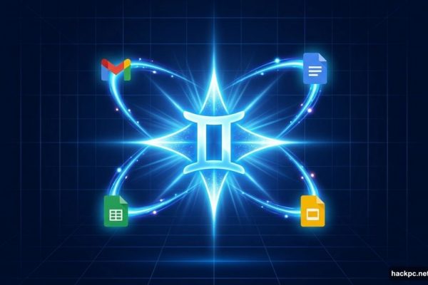 Gemini AI star powering Google Workspace app icons with glowing connections