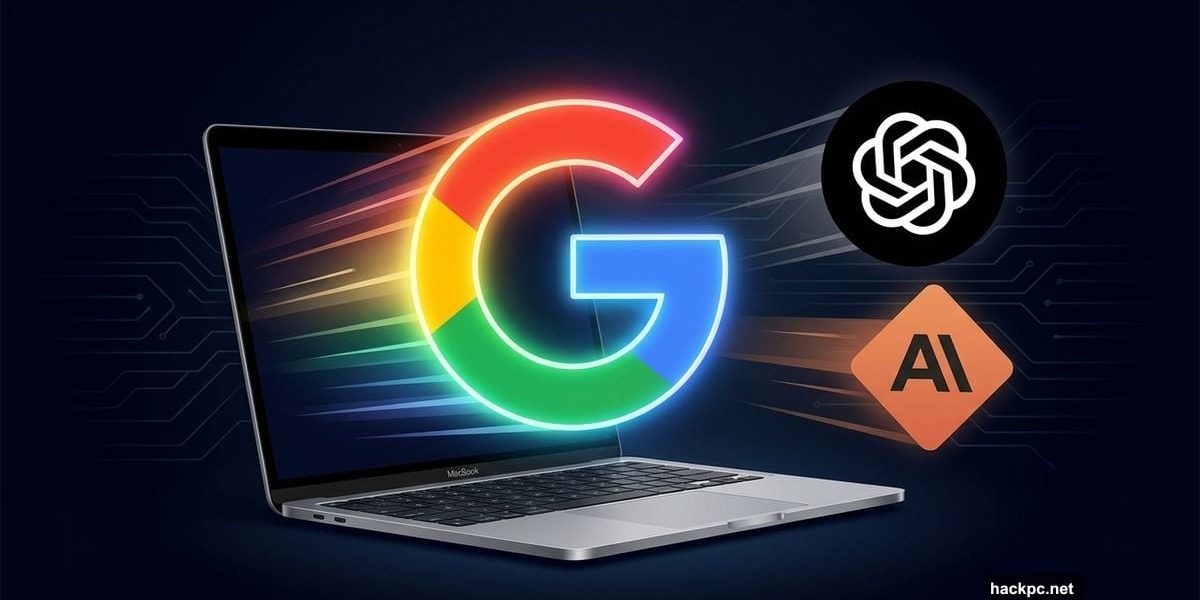 Google Gemini logo entering Mac pushing back ChatGPT and Claude logos