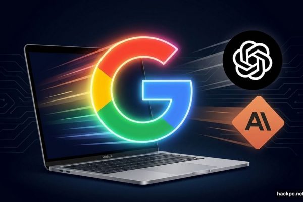 Google Gemini logo entering Mac pushing back ChatGPT and Claude logos