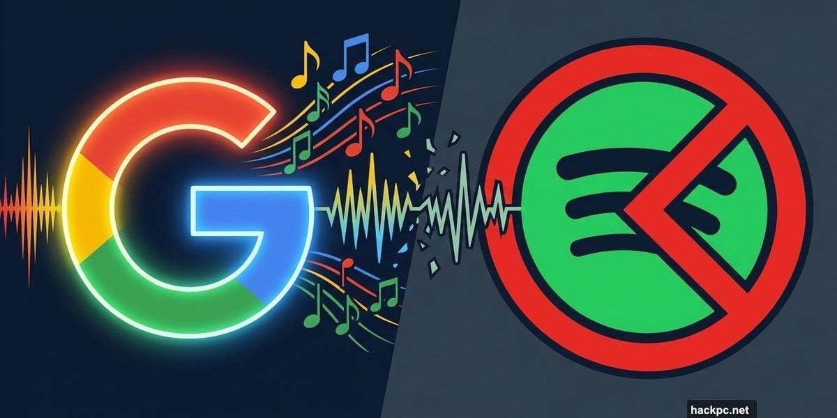Google AI music logo clashing with Spotify delete symbol over waveform