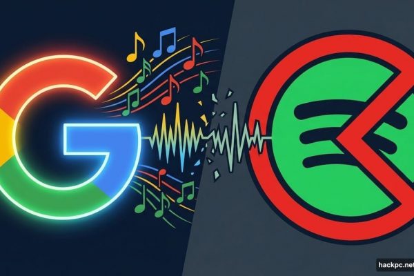 Google AI music logo clashing with Spotify delete symbol over waveform
