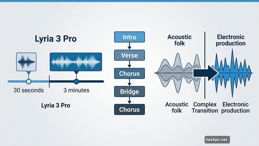 Lyria 3 Pro builds full three-minute songs with structured intros, verses, choruses