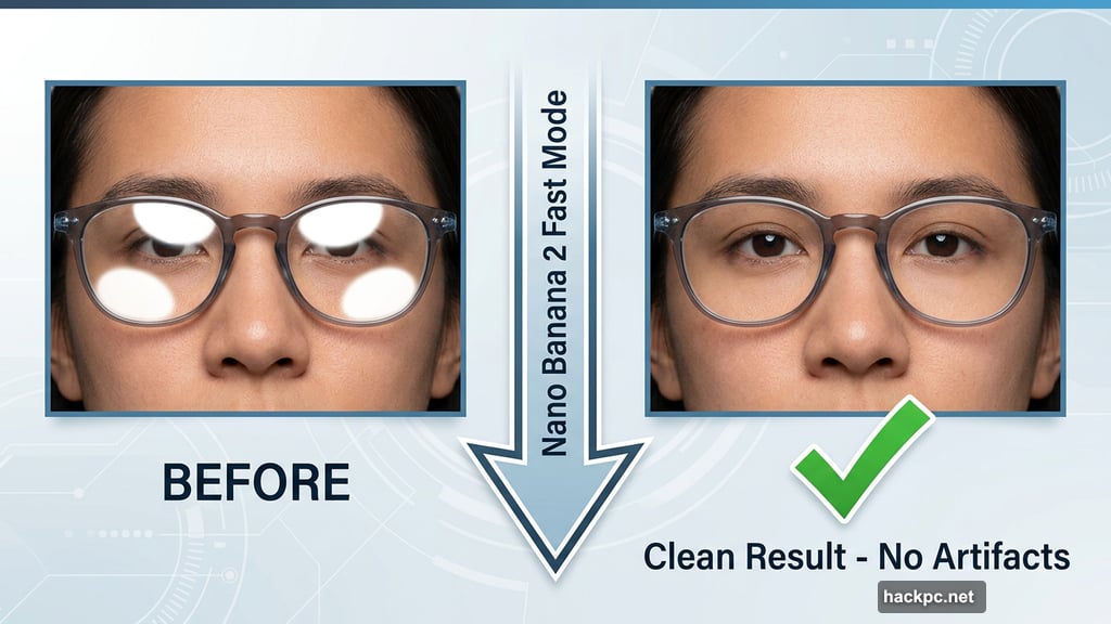 Nano Banana 2 cleanly removes eyeglasses reflections without artifacts
