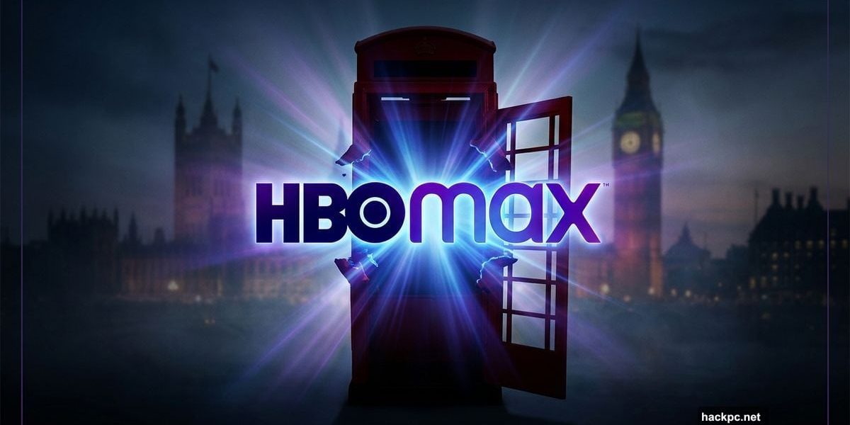 HBO Max logo bursting through iconic British red telephone box