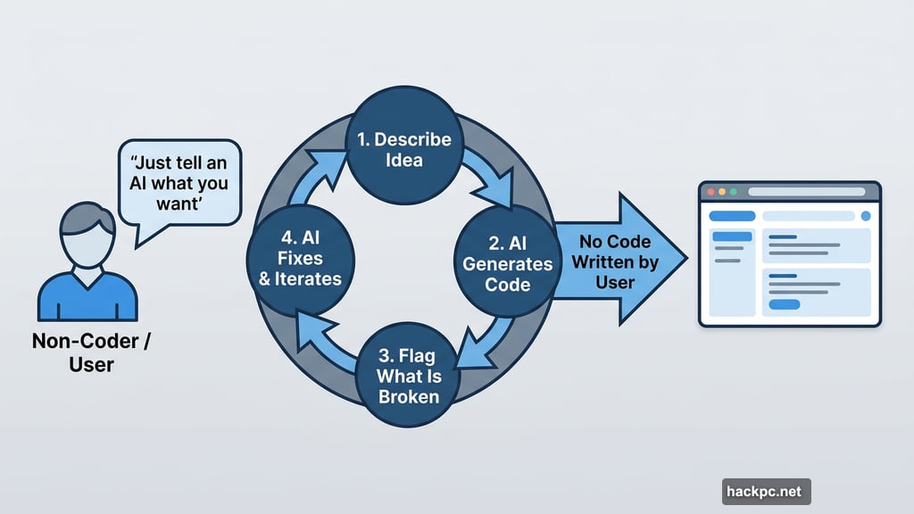 Vibe coding loop where user describes idea and AI builds the app