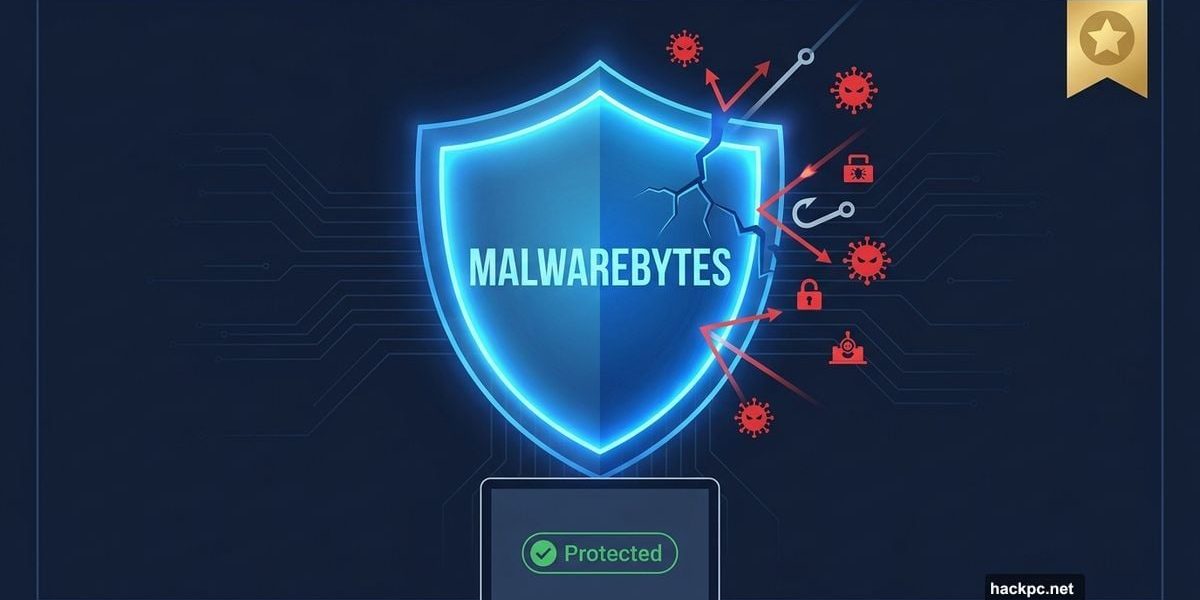 Glowing shield blocking malware threats, Malwarebytes cybersecurity review cover