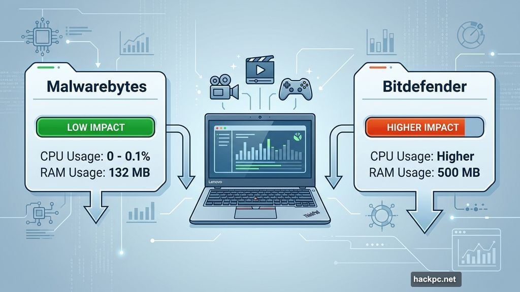 Malwarebytes uses 132MB memory versus Bitdefender 500MB background