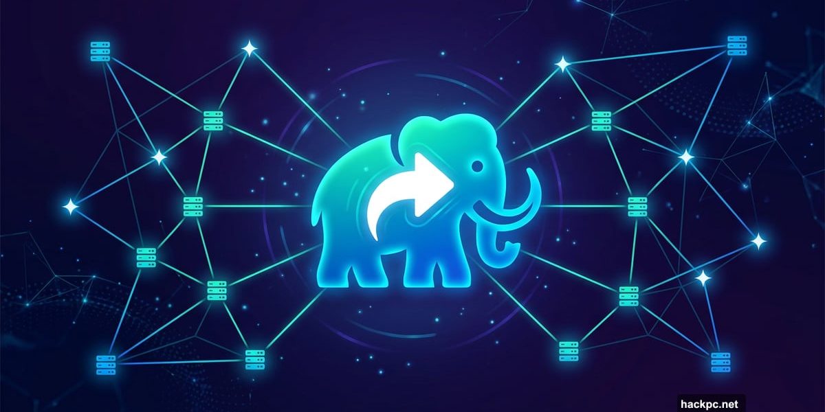Mastodon mammoth icon with universal share button connecting federated servers