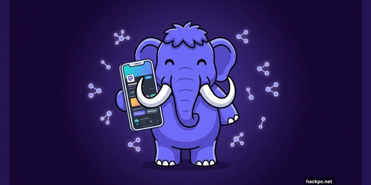 Friendly Mastodon mammoth mascot holding redesigned profile on smartphone