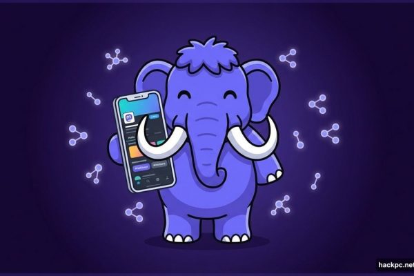 Friendly Mastodon mammoth mascot holding redesigned profile on smartphone
