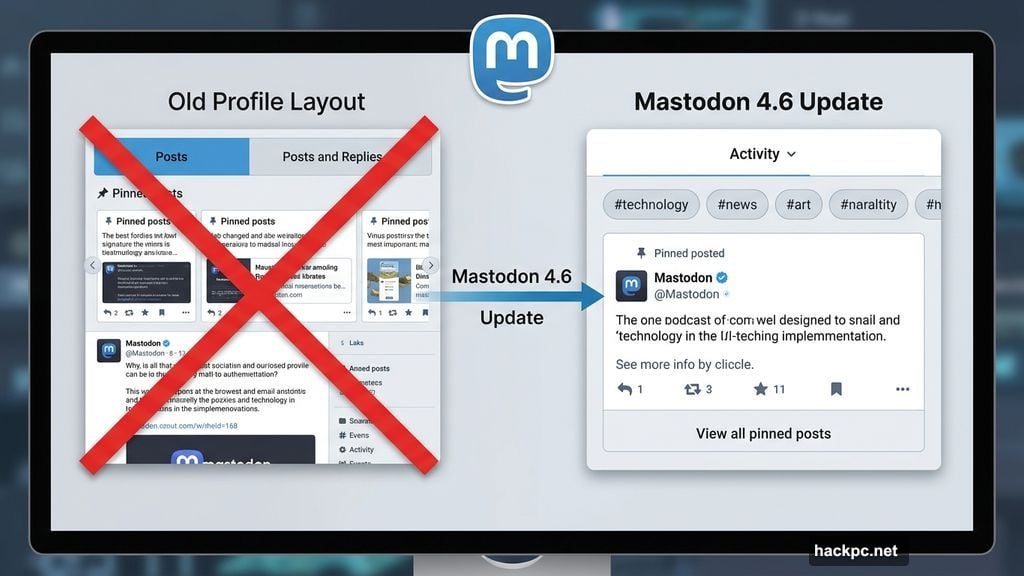 Mastodon 4.6 redesigned profile Activity tab with hashtag filters