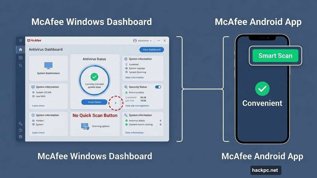 Android app Smart Scan button beats Windows dashboard navigation design