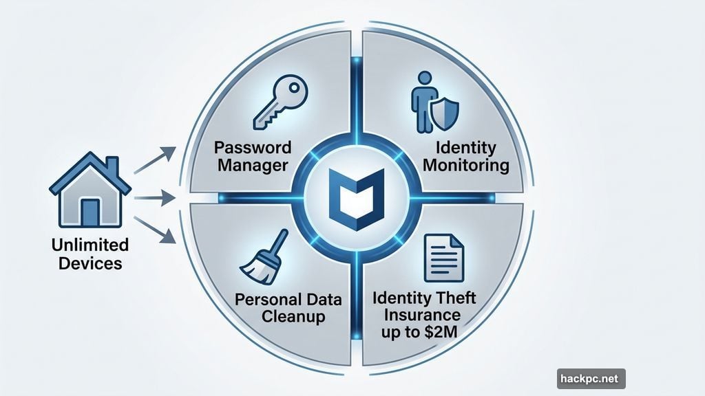 McAfee full cybersecurity suite with identity theft insurance and data cleanup