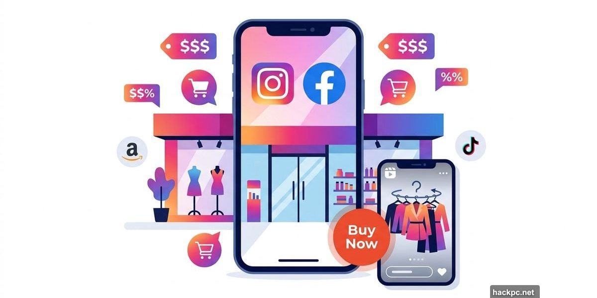 Smartphone with Instagram Facebook logos transforming into a shopping mall storefront