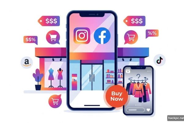 Smartphone with Instagram Facebook logos transforming into a shopping mall storefront