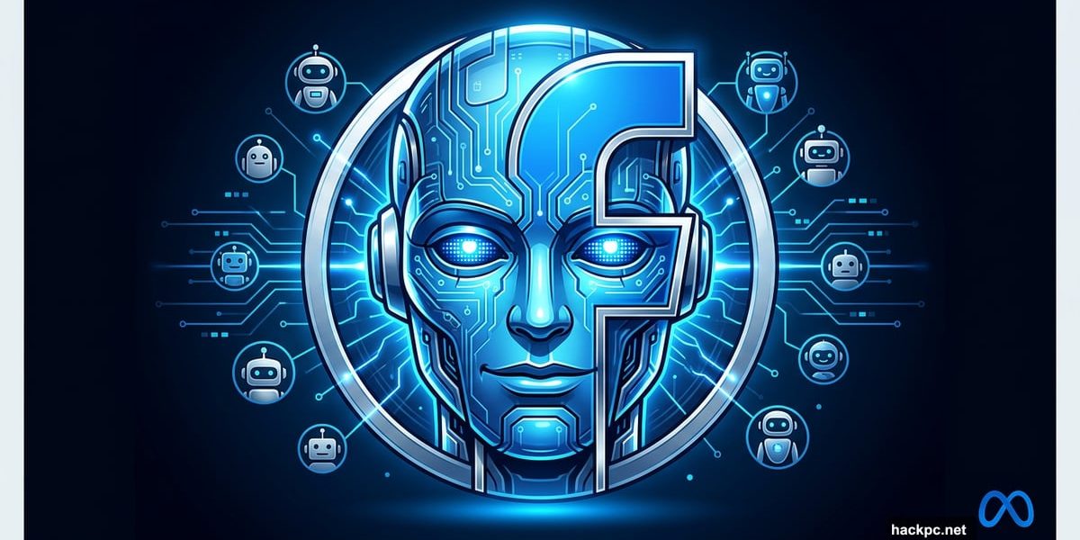 Robotic Facebook logo face symbolizing Meta acquiring AI social network