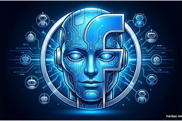 Robotic Facebook logo face symbolizing Meta acquiring AI social network