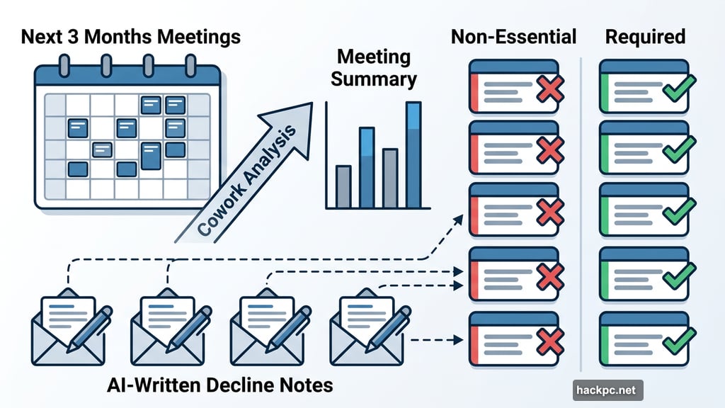 Cowork analyzes calendar declines non-essential meetings with AI-written notes
