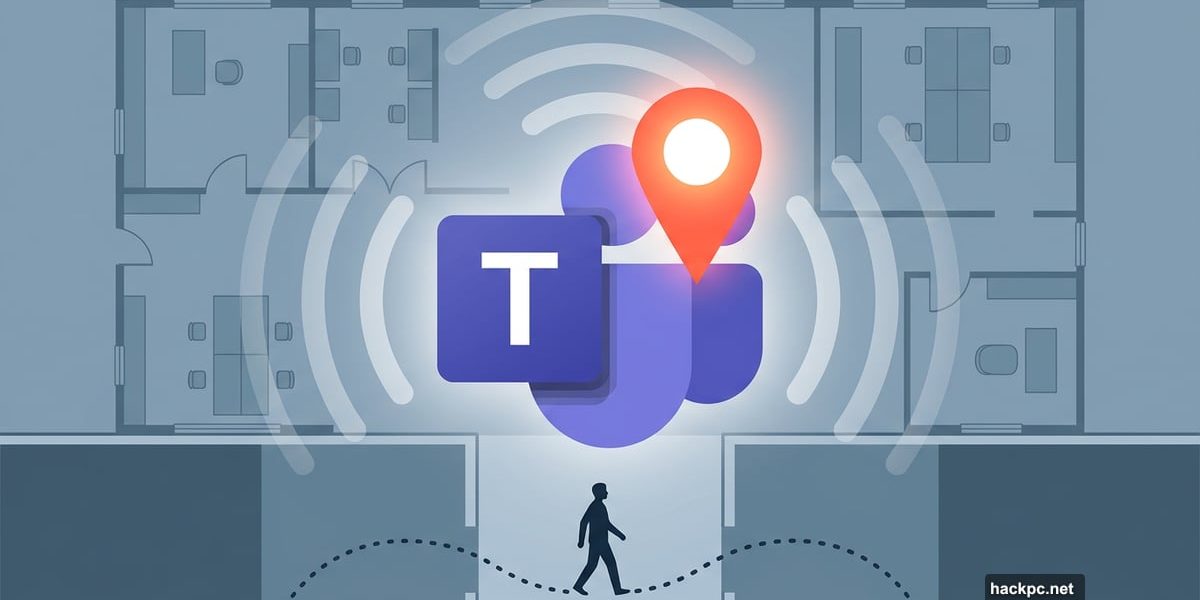 Microsoft Teams logo with location pin tracking employees in office