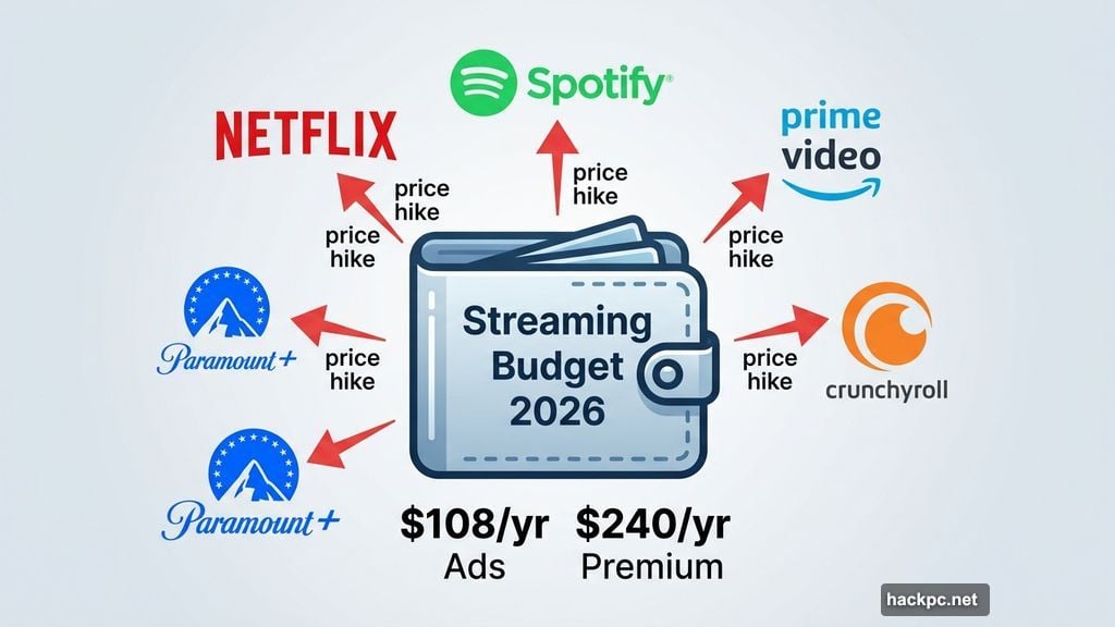 Multiple streaming platforms including Spotify and Crunchyroll raising prices in 2026