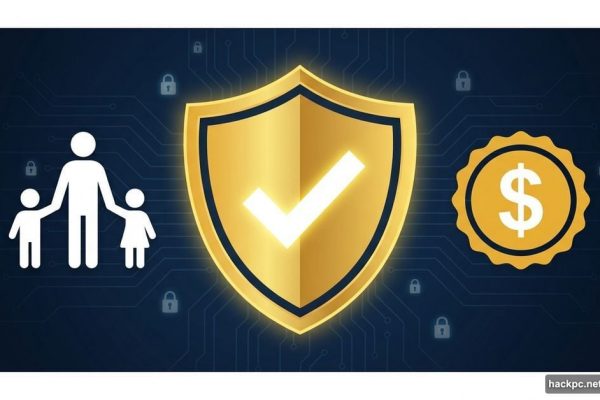 Golden security shield with family and budget icons on digital background