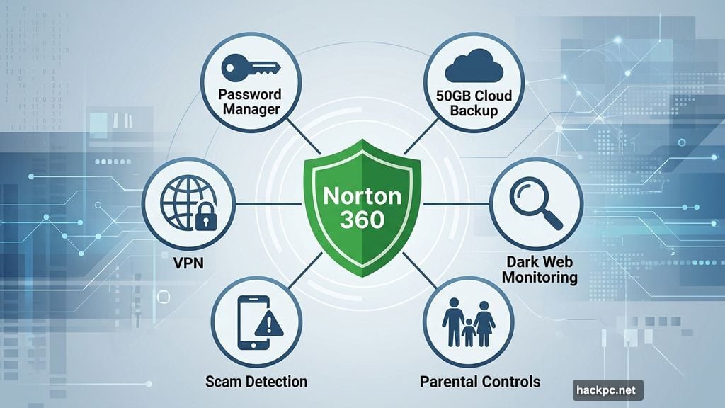 Norton 360 Deluxe bundled tools including VPN parental controls and dark web monitoring