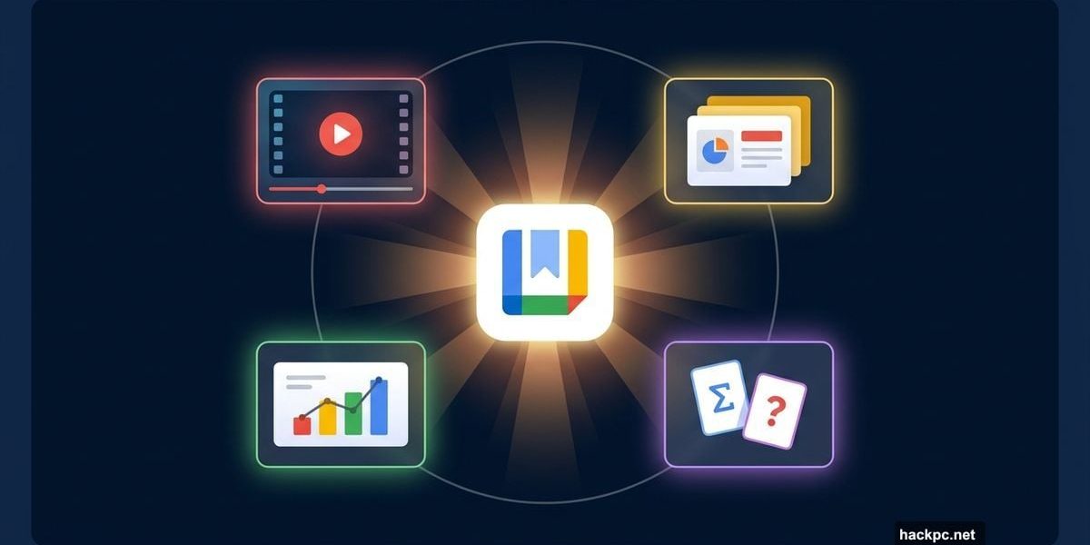 NotebookLM logo surrounded by glowing upgrade feature cards on dark background