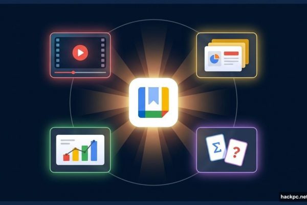 NotebookLM logo surrounded by glowing upgrade feature cards on dark background