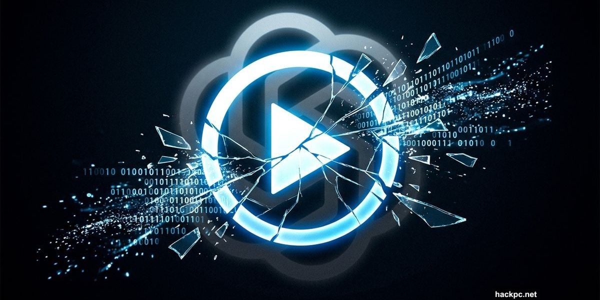 Shattered video play button dissolving into code, symbolizing AI video shutdown